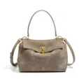 Minimalistische Wildleder Handtasche mit Metallverschluss in schickem Khakigrau für Damen. - Kiefernteegrün (Y2346#)