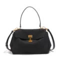 Black suede tote bag for women, minimalist luxury shoulder handbag with gold hardware locks. - Black (Y2346#)