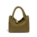 Olivgrüne geflochtene Ledertasche mit goldener Kugel, elegante Vintage Handtasche. - Klein (B1971#) / Senfgrün