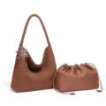 Braune gewebte Hobo Schultertasche mit passender Kordelzug Tasche, elegante Retro Damentasche. - Haupttasche und Untertasche Set / Kastanienbraun