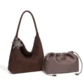 Vintage braune gewebte Umhängetasche mit Beutel und Stern-Anhänger, elegante Shopper. - Haupttasche und Untertasche Set / Schokoladenbraun