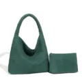 Dunkelgrüne gewebte Hobo-Schultertasche und kleine Tasche Set, lässige große Tragetasche. - Waldgrün