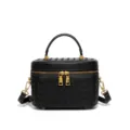 Schwarze geflochtene Leder-Kulturtasche mit Griff und goldener Hardware, elegant. - Schwarz