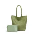 Green woven leather tote bag with matching small pouch, stylish large capacity casual shoulder bag. - Matcha Green