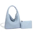 Hellblaue gewebte Leder-Hobo-Umhängetasche mit passender Tasche lässige Alltagstasche. - Wolkenblau