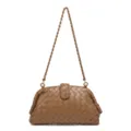 Brown woven shoulder bag for women, stylish leather clutch with metal chain strap and clasp. - Khaki