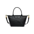 Schwarze gewebte Leder Handtasche mit Griff und Überschlag für elegante Damen im Alltag. - Schwarz
