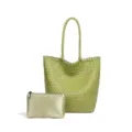 Green woven tote bag with matching pouch, stylish large capacity leather shoulder handbag. - Lemon Yellow