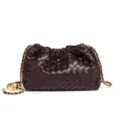 Dark brown woven leather shoulder bag with gold chain strap and metal ball decor for women. - Grape Purple/Chocolate