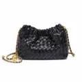 Black woven leather shoulder bag with gold chain strap, stylish ruched design for women. - Black