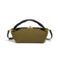 Olivgrüne Wildleder Kuss-Verschluss Handtasche, stilvolle schwarze Ledergriff Schultertasche. - Olivgrün