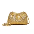 Gold woven leather crossbody bag with chain strap and chic gathered cloud design for women. - Gold