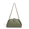 Olive green woven leather shoulder bag with chain strap and clasp closure for women. - Olive Green