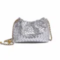 Silver metallic woven leather shoulder crossbody bag featuring an elegant golden chain strap. - Silver