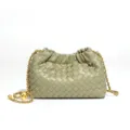 Green woven leather shoulder bag with gold chain strap, stylish pleated pouch design for women. - Travertine Green