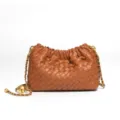 Brown Woven Leather Shoulder Bag with Gold Chain Strap Cloud Clutch Handbag SKU Variant - Dark Brown