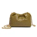 Olive green woven leather shoulder bag with chain strap, stylish pleated cloud pouch design. - Mustard Green