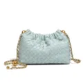 Light blue woven leather shoulder bag with gold chain strap and stylish gathered design. - Mint Green