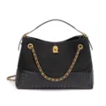 Schwarze gewebte Leder Wildleder Umhängetasche mit Goldkette und Metallverschluss. - Schwarz (Y2820#)