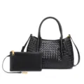 Black woven leather handbag with matching pouch, stylish casual shoulder tote bag for women. - Black