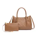 Brown woven leather tote bag with matching pouch, stylish casual shoulder handbag for women. - Pine Nut Brown
