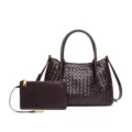 Dunkelbraune geflochtene Leder Handtasche und Clutch Set, elegante Henkeltasche für Damen Alltag. - Tote Bag (B2383#) / Schokolade/Traubenviolett