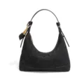 Schwarze gewebte Wildleder Schultertasche für Damen, elegante Halbmond Handtasche mit Reißverschluss. - Schwarz