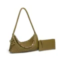 Geflochtene Damen Hobo Schultertasche, handgemachte olivgrüne Kunstleder Beuteltasche. - Senfgrün