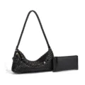 Black woven leather hobo shoulder bag with a matching pouch, chic underarm dumpling purse. - Black