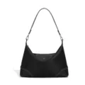 Schwarze Nylon Hobo Schultertasche mit Lederklappe, lässige minimalistische Damentasche. - Schwarz