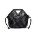 Black woven leather handbag with unique triangle handle, chic bucket crossbody bag style variant. - Black
