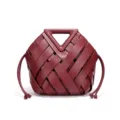 Burgundy woven leather handbag, chic triangular handle crossbody bag for women. - Burgundy