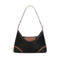 Klassische schwarze Nylon Hobo Schultertasche mit braunem Lederbesatz und Klappe. - Schwarz/Braun