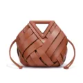 Brown woven leather handbag with rigid triangular top handle and stylish drawstring sides for women. - Brown