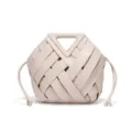 Damen beige gewebte Leder Handtasche, trendy dreieckige hohle Griff Umhängetasche Beuteltasche. - Gebrochenes Weiß
