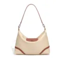 Beige Nylon Hobo Umhängetasche mit braunem Lederbesatz und Henkel für Alltag und Freizeit. - Creme/Braun