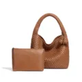 Bruine Gevlochten Hobo Tas Vintage Oksel Schoudertas met Handig Kleine Etui PU Leren Handtas - Bruin (Met Binnentas)