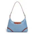 Llässige Nylon Hobo Umhängetasche mit braunem Lederklappen-Besatz, grosse Alltagstasche. - Blau/Braun
