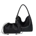 Elegante schwarze geflochtene Leder Schultertasche mit passender Tasche und Stern. - Schwarz (mit Innentasche)