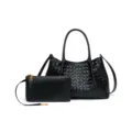 Schwarze gewebte Leder-Shopper-Tasche mit Tasche Set, minimalistische Pendler Umhängetasche. - Schwarz