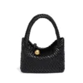 Schwarze gewebte Leder Handtasche für Damen mit einem schicken goldenen Kugeldetail. - Klein (B1971#) / Schwarz