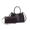 Dunkelbraune gewebte Ledertasche Set mit passender Clutch und Gurt für den eleganten Alltag. - Schokoladenbraun