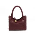 Geflochtene Damentasche aus Leder, Retro Eimer Handtasche mit goldener Kugel Dekoration. - Klein (B1971#) / Burgunderrot