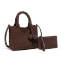Dunkelbraune handgestrickte Umhängetasche Set retro lässige Korbtasche mit Kosmetiktasche - Schokoladenbraun