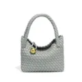 Hellgraue gewebte Ledertasche schicke Retro Handtasche Mini Tote mit Goldkugel Akzent - Klein (B1971#) / Achatgrau