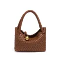 Braune gewebte Ledertasche mit Goldball-Anhänger, Vintage schicke Handtasche - Klein (B1971#) / Mokka