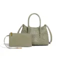 Hellgrüne gewebte Handtasche im Set, minimalistische Leder Umhängetasche Tote mit kleiner Tasche. - Travertingrün