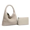 Beige PU leather woven tote bag with pouch, stylish casual shoulder bag for women daily commute. - Shoulder Bag Set / Smoke Grey