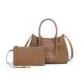 Gewebte Leder-Henkeltasche mit passender Clutch, elegante Schultertasche für Damen. - Pinienkernbraun