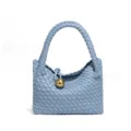 Hellblaue geflochtene Ledertasche für Damen, elegante Retro-Henkeltasche mit schicker Goldkugel. - Klein (B1971#) / Eisblau